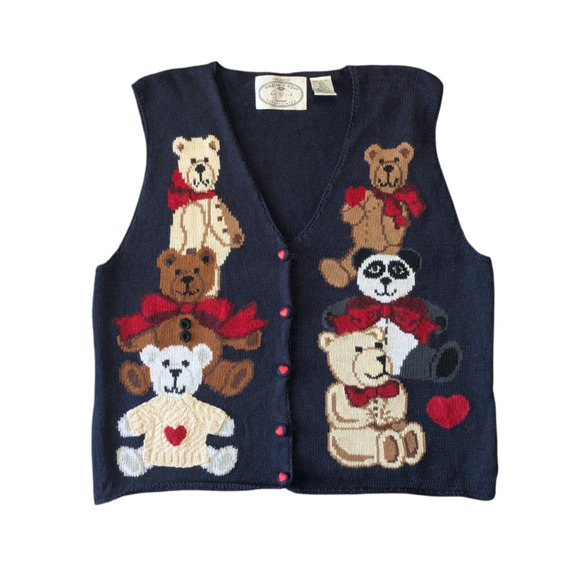 Vintage Eagles Eye 1995 Navy Blue Teddy Bear Sweater Vest Size XL Button Front - Picture 1 of 6